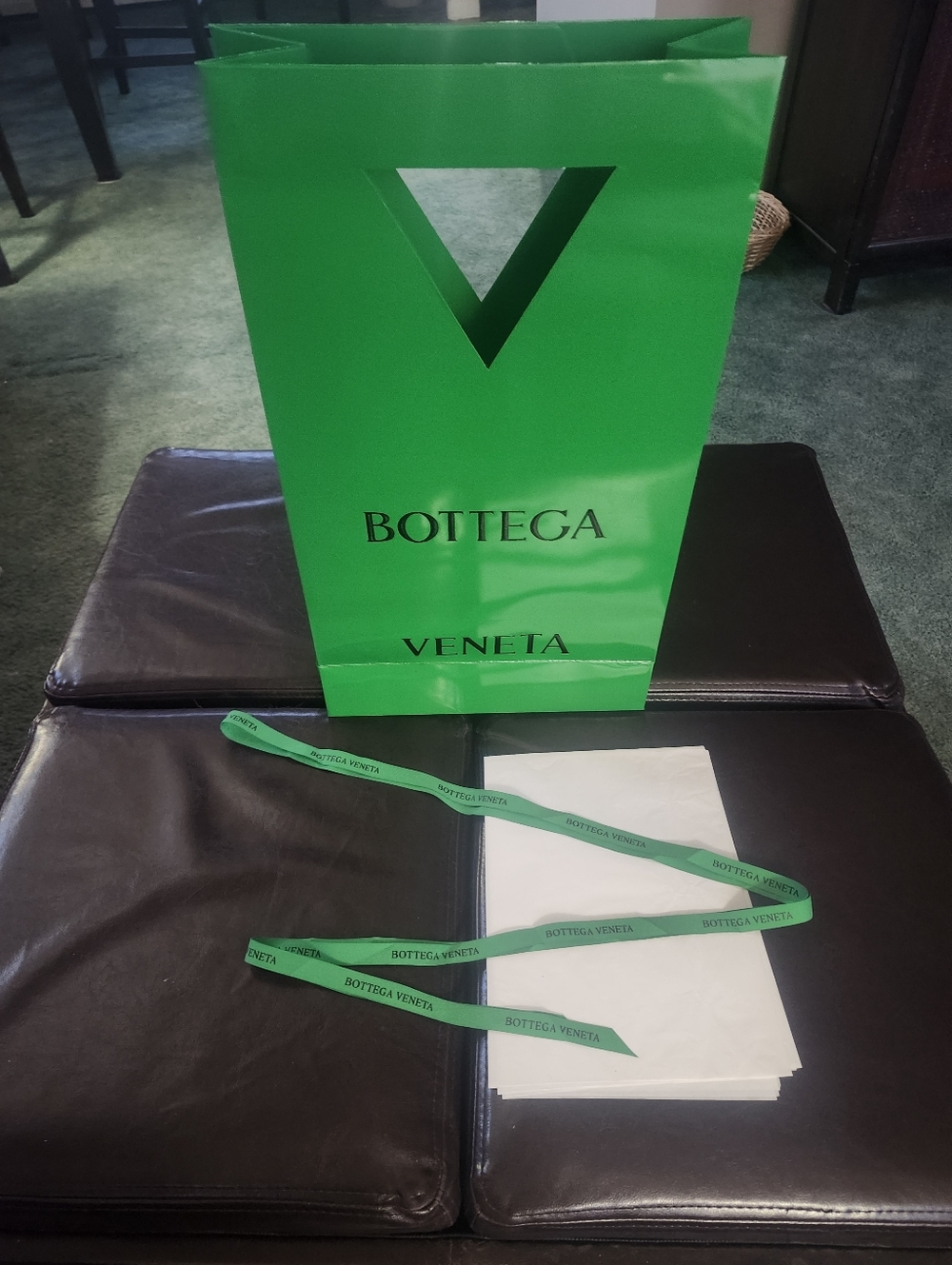 ​Authentic Bottega Veneta XL Tall Gift Bag Set  21" Portrait + 100" Green Ribbon